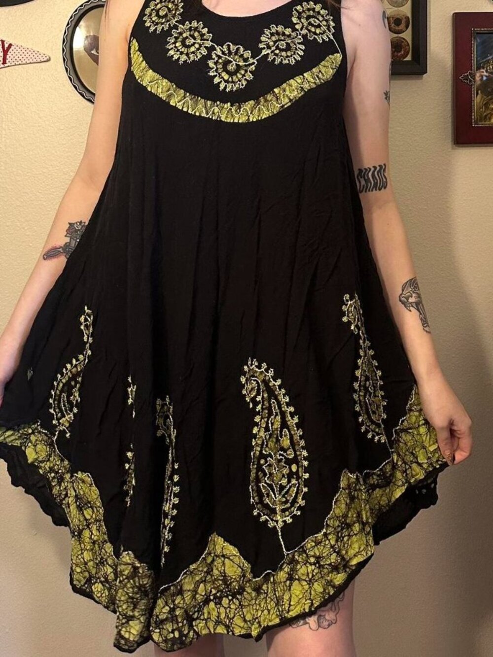 Bright Green and Black Bohemian Embroidery Dress